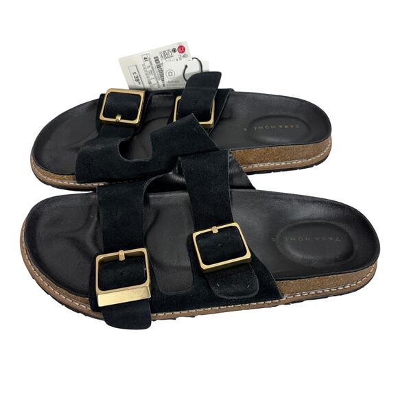 ZARA HOME Black Suede Leather Double Buckle Strap Slides Sandals Size 10 NWT - Picture 2 of 8